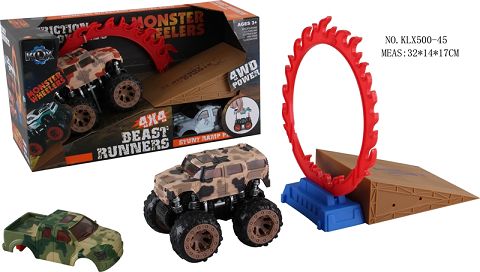 Four-drive inertial camouflage hummer off-road vehicle with pickup truck shell. Fire ring platform