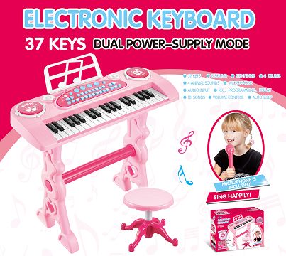 37 keys, pink, manual, music stand, microphone, adapter
