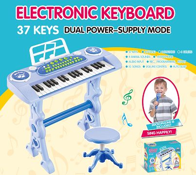 37 key, blue, manual, music stand, microphone, adapter