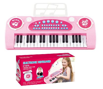 37 keys, pink, manual, music stand, microphone, tripod