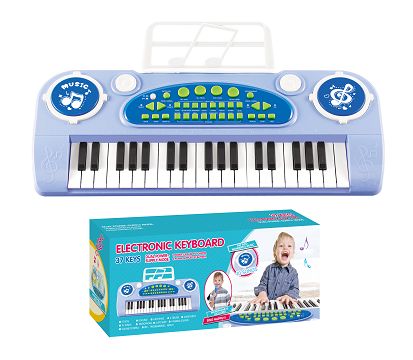 37 key, blue, manual, music stand, microphone, tripod
