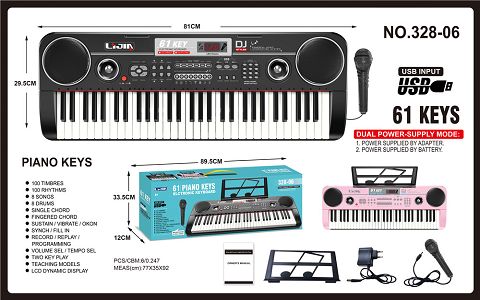 Piano key, black and pink, manual, music stand, microphone, adapter, usb function