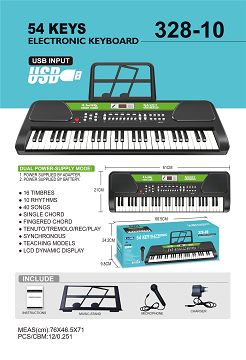 54 key black electronic organ, manual, music stand, microphone, adapter, usb function