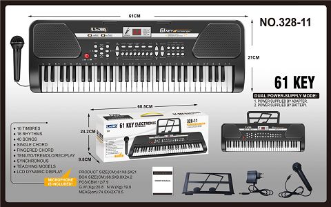 61 key black keyboard, manual, music stand, microphone, adapter