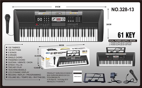 Piano keys, black, instruction manual, music stand, microphone, adapter
