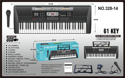 61 piano key, black, manual, music stand, microphone, adapter, usb function