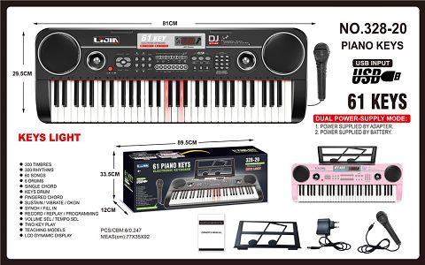 Piano keys, black, instructions, music stand, microphone, adapter