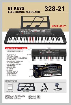 61 key, light board, manual, music stand, microphone, adapter