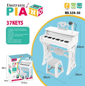 37 keys, manual, music stand, microphone, adapter