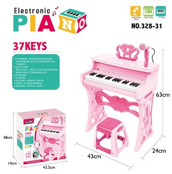 37 keys, manual, music stand, microphone, adapter