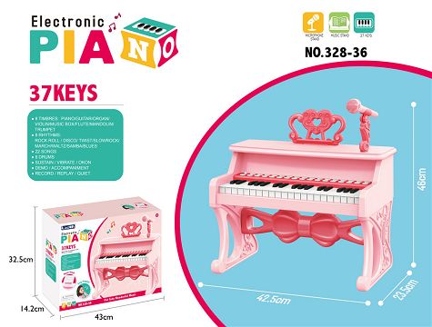 37 keys, manual, music stand, microphone, adapter