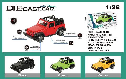 Simulated wrangler convertible alloy car with two doors with light and music