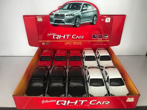 1:28宝马X6合金回力跑车,4开门，开门声光3音效（10只装一展示盒,1款3色混装）
