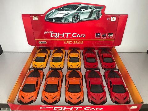1:28兰博基尼毒药合金回力跑车,3开门,开门声光3音效（10只装一展示盒,1款3色混装）