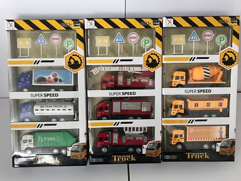14款工程车合金回力车，前内灯带声光（开窗盒,3款车+路牌混装）