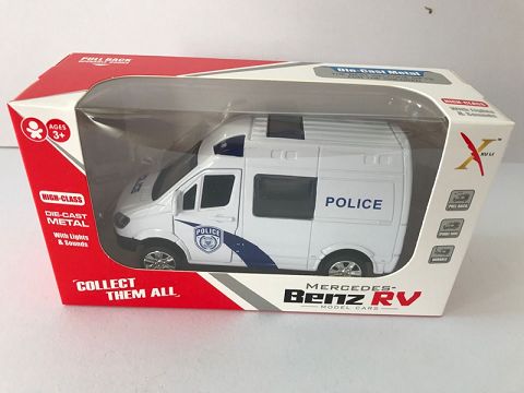 1:32奔驰房车合金回力警车,4开门，灯带声光（开窗盒,1款1色混装）