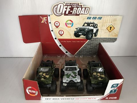 1:32牧马人（敞蓬）合金回力大轮军车,2开门，（1款2色混装6只装一展示盒）