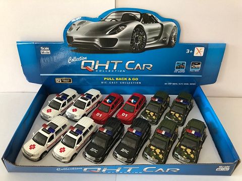 1:32丰田霸道合金回力军+俄文车,4开门（12只装一展示盒,一款一色混装）