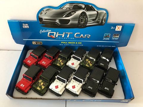 1:32牧马人带斗合金回力军+俄文车,2开门，（1款各1色混装12只装一展示盒）