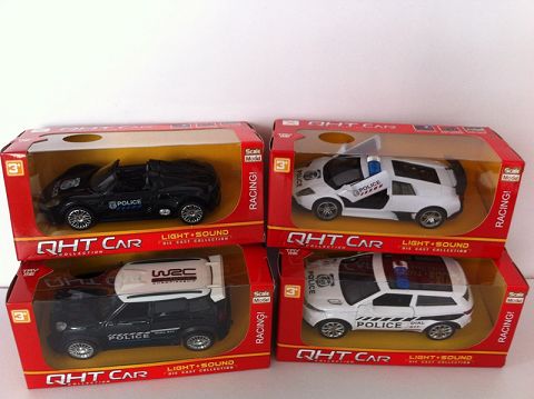 1:32宝马迷你酷吧.保时捷918.兰博基尼蝙蝠.路虎极光合金回力警车,门可开，前内灯带声光（开窗盒,四款二色混装）