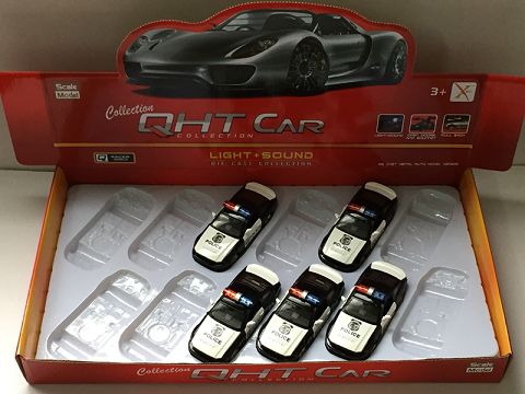 1:32野马合金回力警车,4开门，前内灯带声光（12只装一展示盒,一款一色混装）