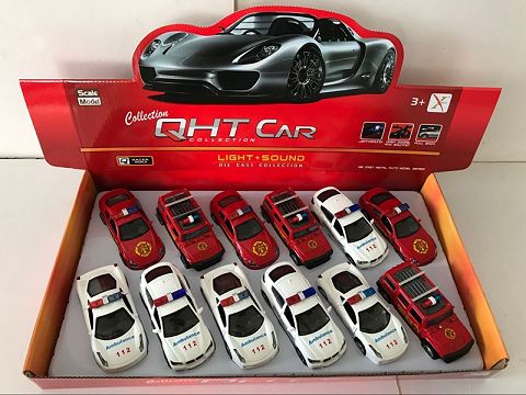 1:32宝马X6，M5，法拉利，悍马，合金回力消防车,2开门，前内灯带声光（12只装一展示盒,四款各一色混装）