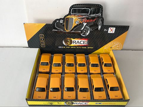 1:32合金回力老爷车拉达的士车,开门，前内灯带声光（12只装一展示盒,1款各1色混装）
