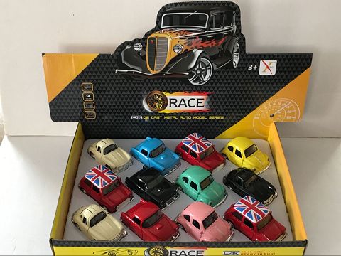 1:32合金回力Q板跑车，开门，带声光（12只装一展示盒,四款3色混装）