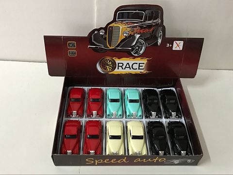 1:32合金回力老爷车跑车，2开门（12只装一展示盒,1款各3色混装）