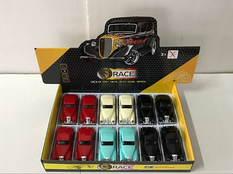 1:32合金回力老爷车福特皮卡跑车，开门，带声光（12只装一展示盒,1款各4色混装）
