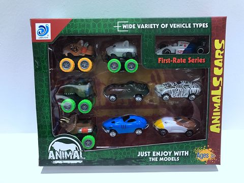 8款/盒4只回力动物车(彩色轮）&4只滑行动物配1只滑行合金方程车