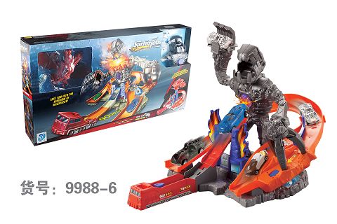 Deformation robot 2 in 1 turn dinosaur track with 2 alloy cars