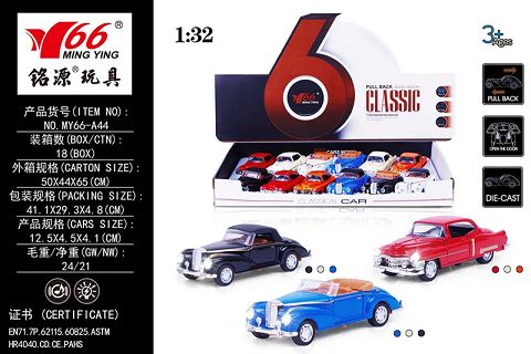 1:32 合金回力带灯音乐两开门老爷车 3款每款3色混装