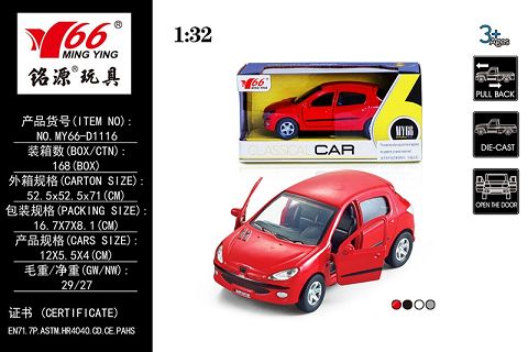 1：32 标致（206）两开门合金回力车1款两色