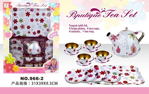 过家家马口铁白底花茶具