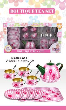 过家家马口铁粉底花带汤勺茶具