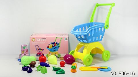 Shopping cart with fruit and vegetables +5 small boxes 19PCS (mixed with two colors)