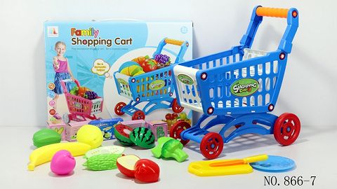 Shopping cart with fruit and vegetables +5 small boxes 16PCS (mixed with two colors)