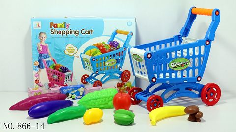 Shopping cart with fruit and vegetables +5 small boxes 14PCS (mixed with two colors)