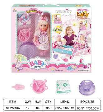 14 "English 12-tone IC water urination baby (with urine basin, diapers, water bottle, tableware, imitation bed bed set, iron cart)