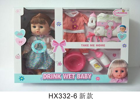14寸吹瓶喝水小便娃娃带挂衣，便盆，3个瓶子       尿布片，口水巾，餐纸盒，带6声IC