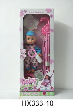 14 "blown bottle doll with plastic cart, baby bottle, diaper sheet, bedpan meal paper box, 6 sound IC, bag 3*AG13