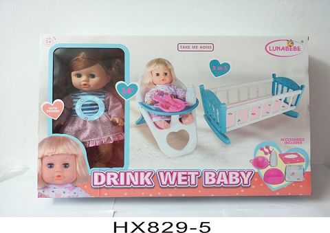 14寸喝水小便娃娃配摇床，餐椅，配件，带6声IC