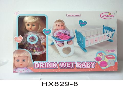 14寸喝水小便娃娃配摇床，餐椅，配件，带6声IC